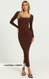 Lucy Midi Dress - Ribbed Side Ruched Bodycon Dress in Espresso